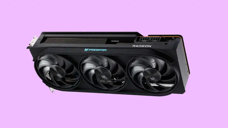 The Acer Predator BiFrost RX 7800 XT graphics card in black on a light purple background.
