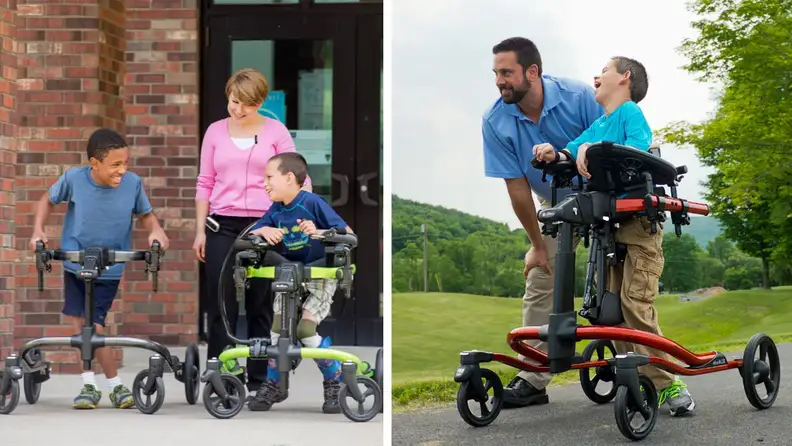 On the left: A woman watching two boys walking with gait trainers. On the left: A man walking with a boy who's walking with a gait trainer.