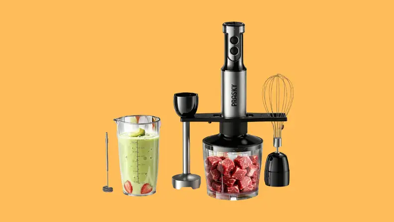 An immersion blender and attachments  on yellow background