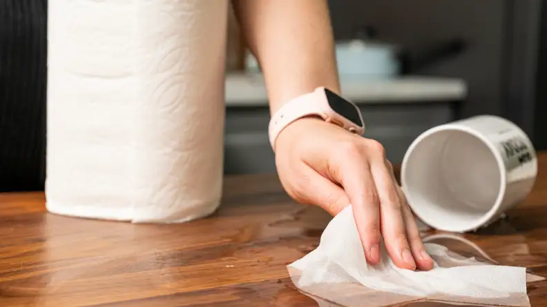 Wiping up a spill with a paper towel.