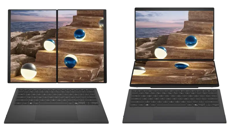 Two new ASUS laptops next to each other with detached folding monitors in landscape and portrait orientation