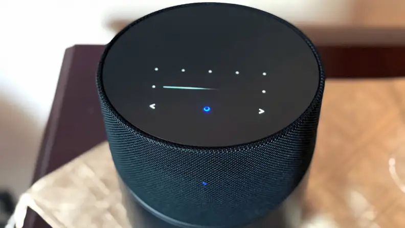 Shot of the touch-activated control panel on the Bluesound Pulse M Bluetooth speaker with LED lights.