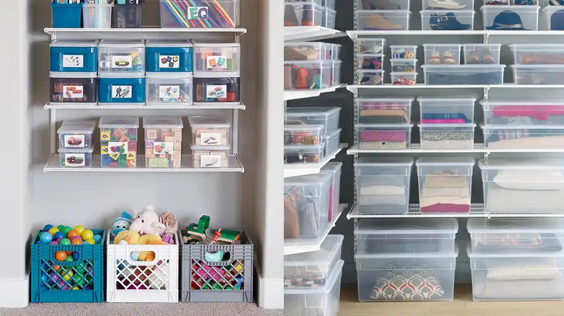 Storage bins in a closet and a garage.