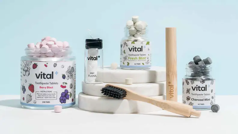 Shop travel-friendly, sustainable Vital Toothpaste Tabs today.