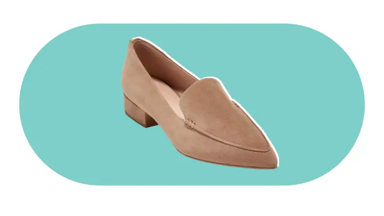 A pointed-toe suede loafer.