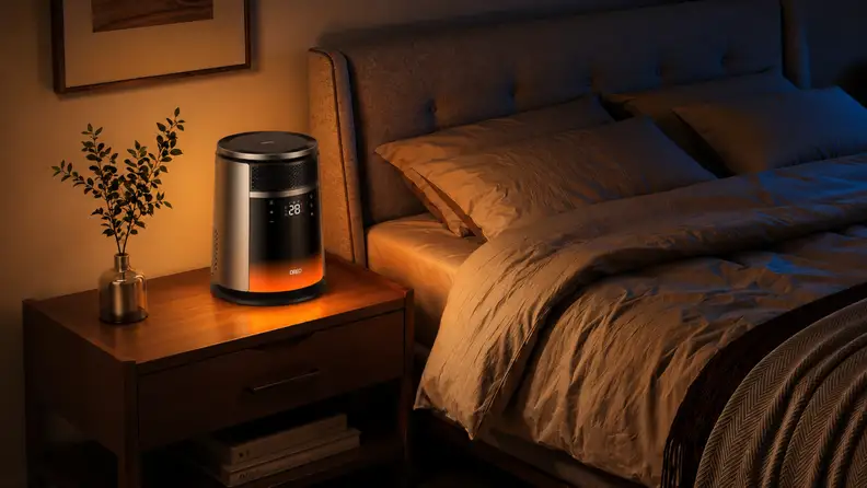 The Dreo Whole-Room Heater 720S glowing orange on a bedside nightstand in a dimly lit bedroom.