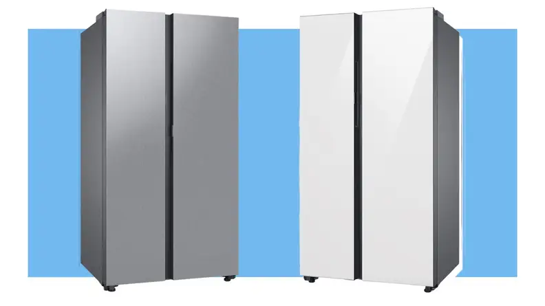 Two Samsung RS28CB7600 side-by-side Bespoke refrigerators with stainless steel and white exteriors.