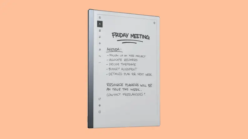 An e-ink tablet from reMarkable on a orange background.