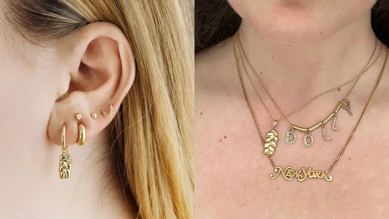Left: A photo of a person wearing a small gold hoop earring with a gold challah loaf dangling from it. Right: A person wears three necklaces, one of which is gold with a gold challah pendant.