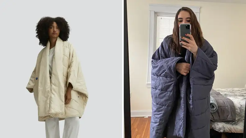 A split of a woman in a white robe and a woman taking a mirror selfie in a gray robe