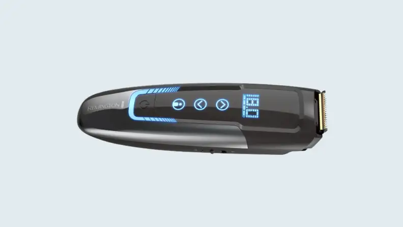 beard trimmer and kit on light blue background