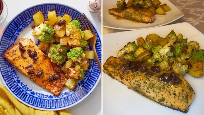 On left, On left, Blue Apron photo of trout on a blue plate with potatoes and cauliflower. On right, Reviewed's image of Blue Apron's Trout recipe shot from the side.