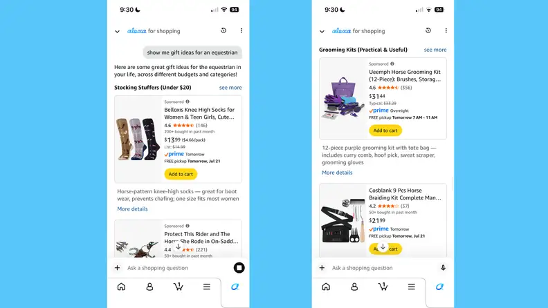 A screenshot of Alexa for Shopping on the Amazon mobile app showing gift idea results for an equestrian, including grooming kits and riding accessories.