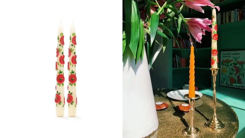 Left: A set of white candles with white and green flowers carved into them. Right: The same candles in gold candle stick holders on a dining room table.