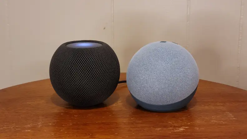 HomePod Mini next to blue Echo Dot