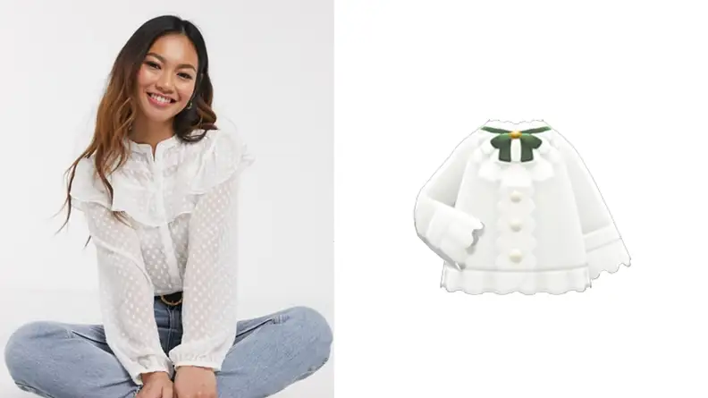 A ruffled white shirt and a similar version in Animal Crossing.