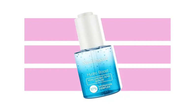 Neutrogena Hydro Boost Hyaluronic Acid Serum against a pink and white background.