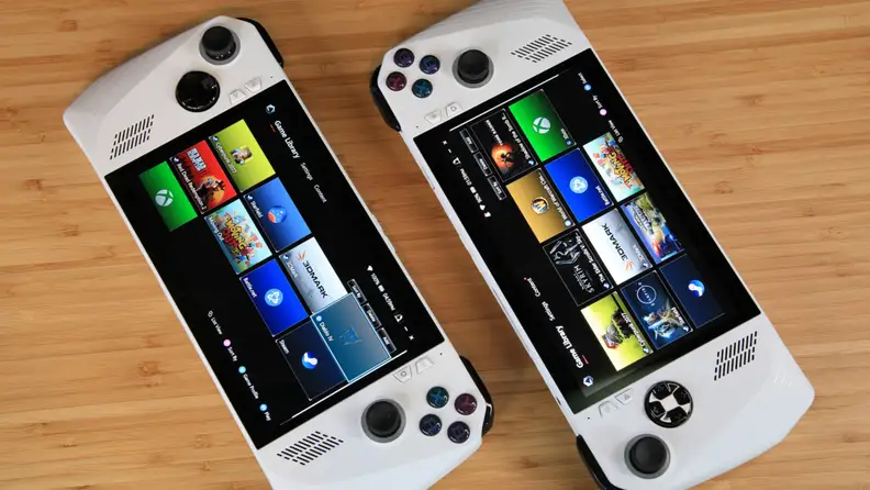 The The Asus ROG Ally Z1 and ROG Ally Z1 Extreme handheld gaming PC's, side-by-side, featuring the menu on the screens.