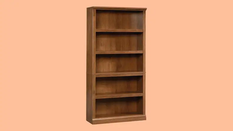 A brown bookshelf on an orange background.