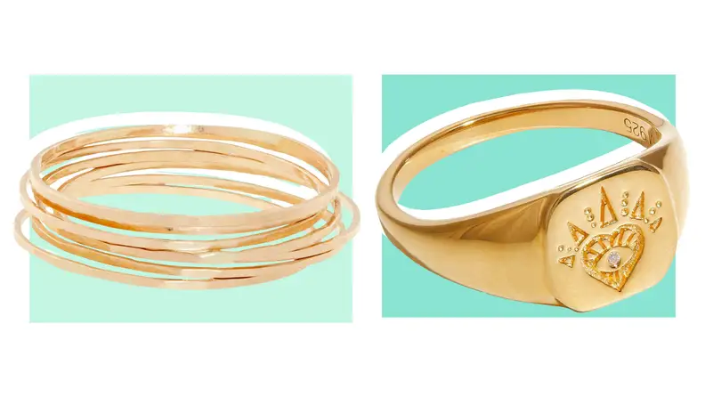 Gold stacked ring and gold engraved ring.