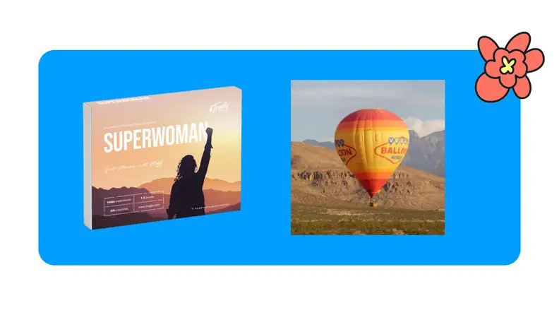 Tinggly experience box and picture of a hot air balloon on a blue background