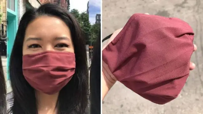 On left, woman wearing burgundy cloth face mask outdoors. On right, close up of burgundy cloth face mask.