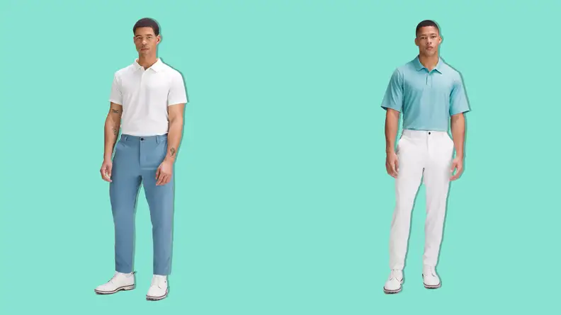 A man wearing a blue lululemon Stretch Nylon Classic-Tapered Golf Pant and a man wearing a white pair on a teal background.