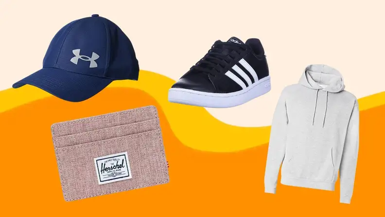 under armour hat, hanes white hoodie, tan herschel wallet, adidas black shoes