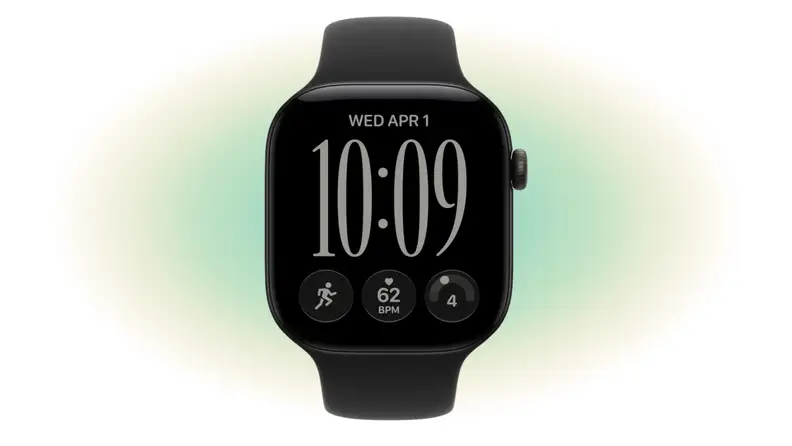 Black Apple Watch Series 12 on green and yellow gradient.