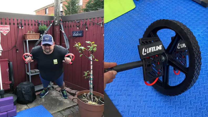 Right: Man using suspension trainer. Left: Power wheel core trainer.t
