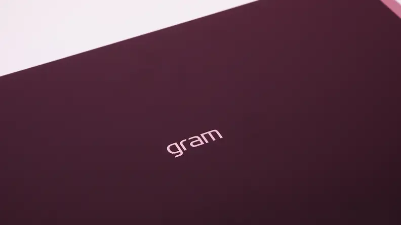 A close-up of the LG gram Pro 17 laptop's lid with a Gram logo.