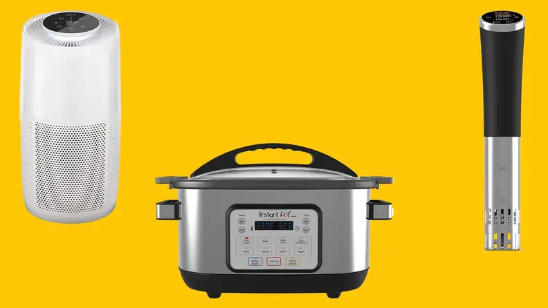 Cooking items and equipment against yellow background.