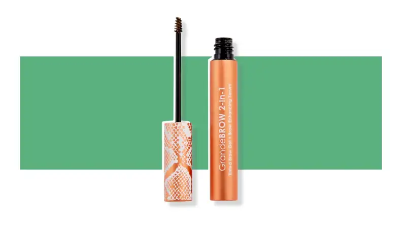 Grande Cosmetics brow gel on a green background.