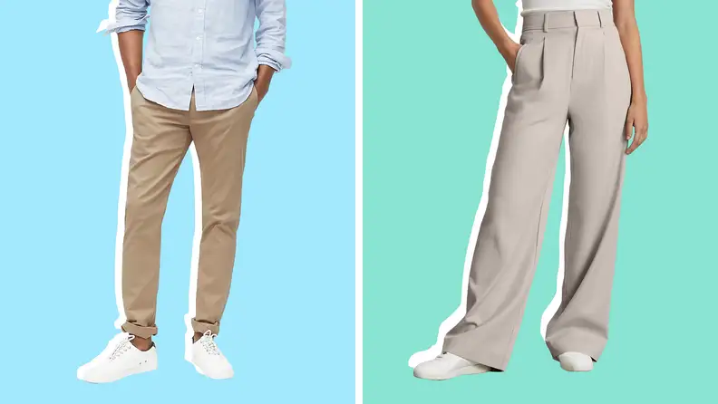Models displaying tan and stone colored khaki pants.
