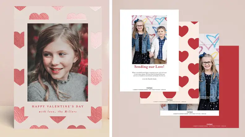 Two images offer several examples of customizable Valentine's Day cards. The largest features a photo of a child. It reads, 