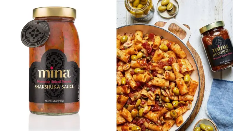 Mina shakshuka sauce paired with a bowl of pasta.