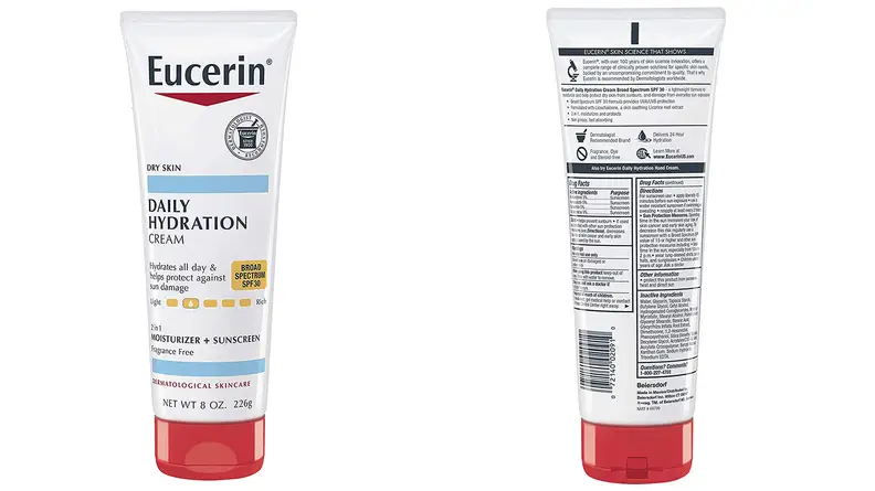On the left: The Eucerin Daily Hydration Body Cream with SPF 30 sits on a white background. The bottle is white and has a red cap. On the right: The back of the Eucerin Daily Hydration Body Cream with SPF 30 is standing against a white background.