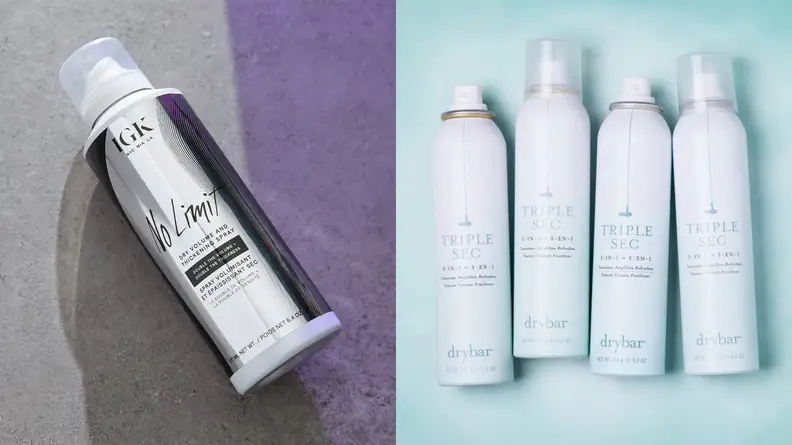 On the left: The IGK No Limit Dry Volume and Thickening Spray bottle laying diagonally across a gray and purple background. On the right: Four bottles of the Drybar Triple Sec 3-in-1 Texturizing Finishing Spray lay in a line across a light blue background.