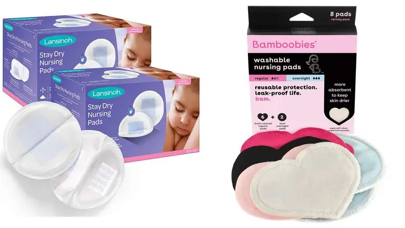 Two sets of packaging: Left, Lansinoh Stay-Dry Nursing Pads come in a purple box. Right: Bamboobies washable nursing pads come in a pink-and-black box of eight pads.