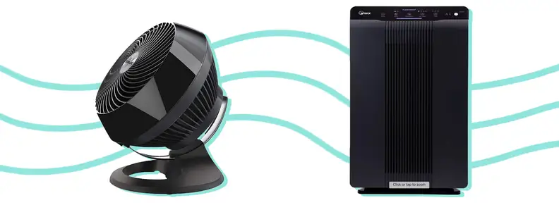 Black standing fan and air purifier.