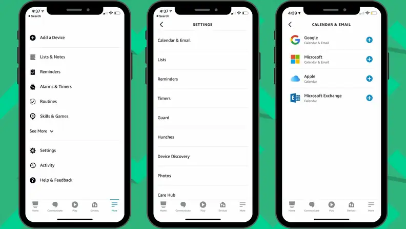 Screenshots from the Amazon Alexa app of how to integraate your calendar with Alexa