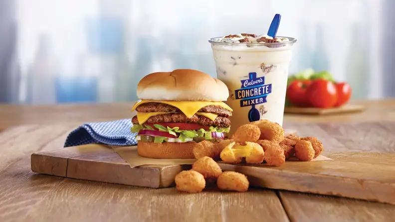 A Culver's ButterBurger with cheese curds and a Concrete Mixer shake