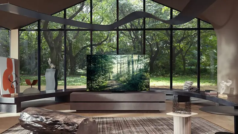 Flatscreen TV with massive glass windows behind it showing greenery