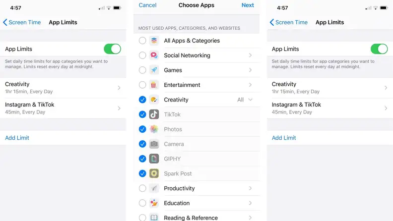 screenshots of apple screen time controls and limits
