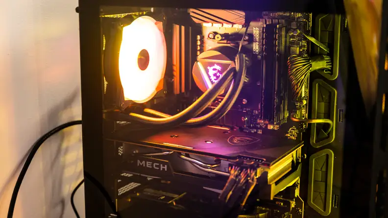 Closeup of the desktop PC through its glass side panel