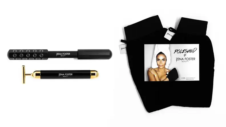 The Sonic Gold Beauty Bar, High Roller Face and Body Massager, and Polished Exfoliating Mittens from Zena Foster Beauty.