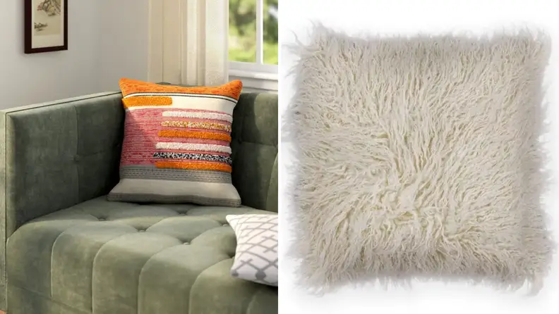 Two throw pillows with warm color and fuzzy texture