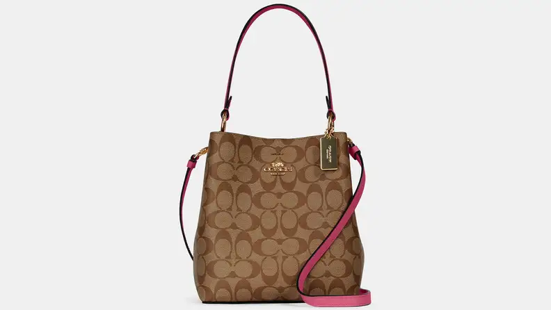 Brown and pink Coach bucket bag.