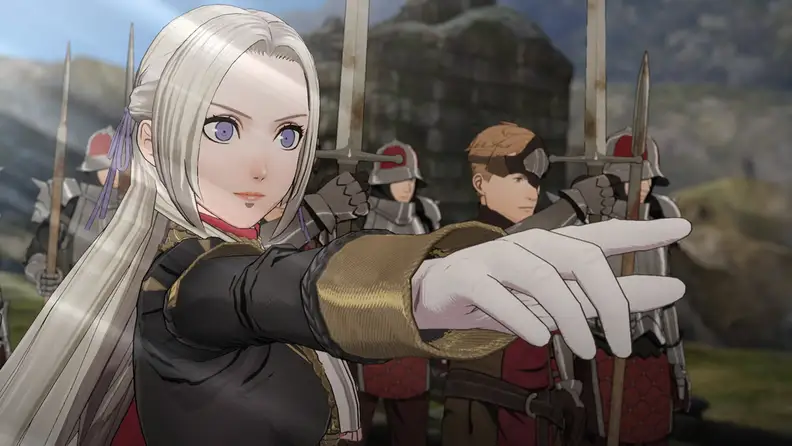 A white haired teenaged girl points toward the camera, leading troops into battle.