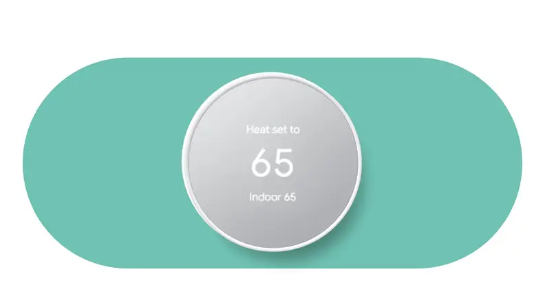 The Google Nest Thermostat on a teal background.